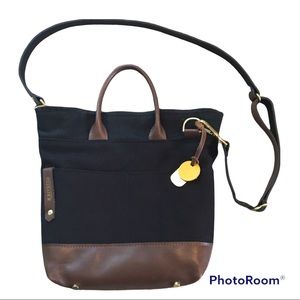 R.Riveter Otto Crossbody Canvas Vegan Leather Black Brown Purse Pockets Gold